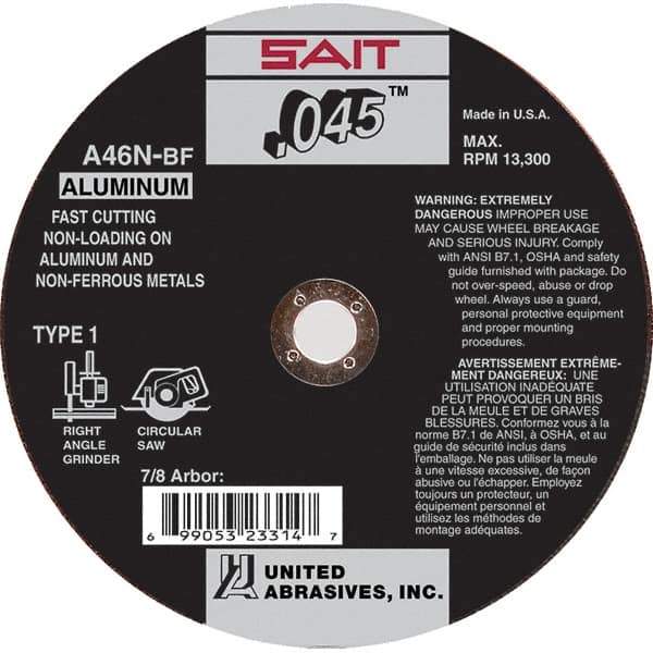 Sait - 4-1/2" 46 Grit Aluminum Oxide Cutoff Wheel - 0.045" Thick, 7/8" Arbor, 13,300 Max RPM, Use with Angle Grinders - USA Tool & Supply