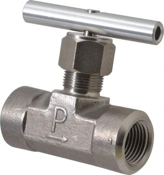Parker - 5,000 Max psi, 1/2" Pipe, 316 Grade Stainless Steel, Inline Instrumentation Needle Valve - FNPT x FNPT End Connections - USA Tool & Supply