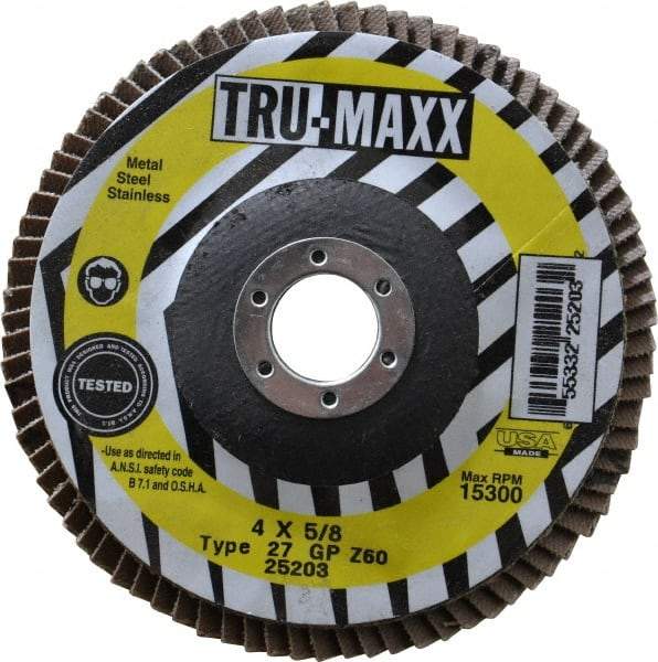 Tru-Maxx - 60 Grit, 4" Disc Diam, 5/8" Center Hole, Type 27 Zirconia Alumina Flap Disc - 15,300 Max RPM, Arbor Attaching System, Coated - USA Tool & Supply