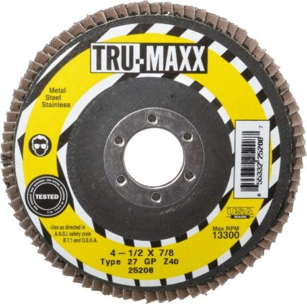 Tru-Maxx - 40 Grit, 4-1/2" Disc Diam, 7/8" Center Hole, Type 27 Zirconia Alumina Flap Disc - 13,300 Max RPM, Arbor Attaching System, Coated - USA Tool & Supply