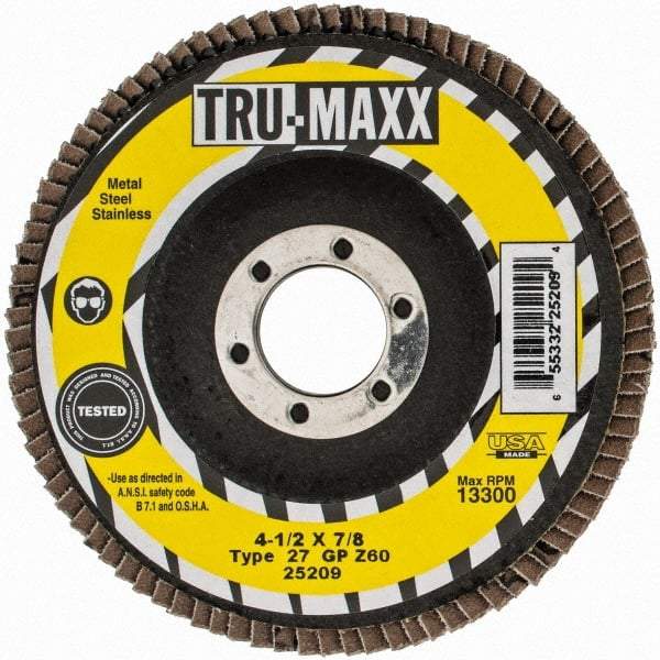 Tru-Maxx - 60 Grit, 4-1/2" Disc Diam, 7/8" Center Hole, Type 27 Zirconia Alumina Flap Disc - 13,300 Max RPM, Arbor Attaching System, Coated - USA Tool & Supply