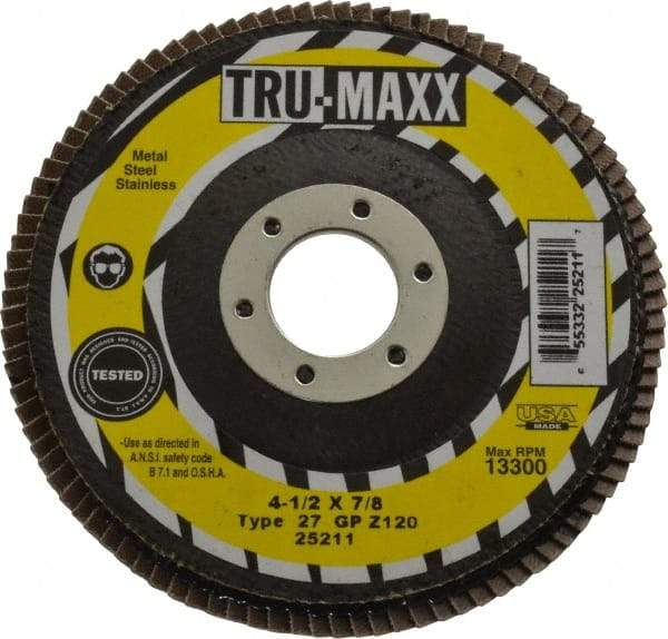 Tru-Maxx - 120 Grit, 4-1/2" Disc Diam, 7/8" Center Hole, Type 27 Zirconia Alumina Flap Disc - 13,300 Max RPM, Arbor Attaching System, Coated - USA Tool & Supply