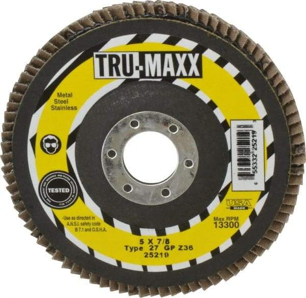 Tru-Maxx - 36 Grit, 5" Disc Diam, 7/8" Center Hole, Type 27 Zirconia Alumina Flap Disc - 12,200 Max RPM, Arbor Attaching System, Coated - USA Tool & Supply