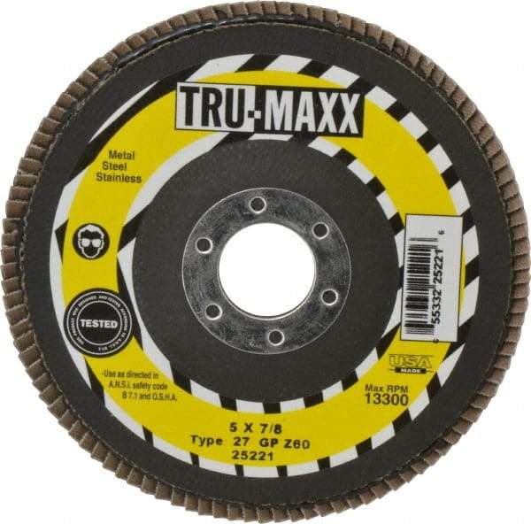 Tru-Maxx - 60 Grit, 5" Disc Diam, 7/8" Center Hole, Type 27 Zirconia Alumina Flap Disc - 12,200 Max RPM, Arbor Attaching System, Coated - USA Tool & Supply