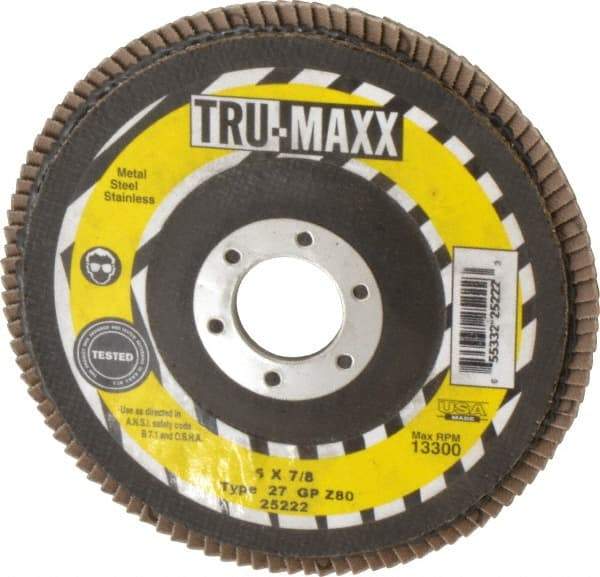 Tru-Maxx - 80 Grit, 5" Disc Diam, 7/8" Center Hole, Type 27 Zirconia Alumina Flap Disc - 12,200 Max RPM, Arbor Attaching System, Coated - USA Tool & Supply