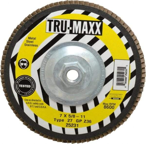 Tru-Maxx - 36 Grit, 7" Disc Diam, 5/8-11 Center Hole, Type 27 Zirconia Alumina Flap Disc - 8,600 Max RPM, Arbor Attaching System, Coated - USA Tool & Supply