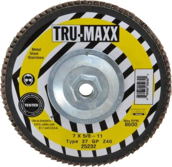 Tru-Maxx - 40 Grit, 7" Disc Diam, 5/8-11 Center Hole, Type 27 Zirconia Alumina Flap Disc - 8,600 Max RPM, Arbor Attaching System, Coated - USA Tool & Supply