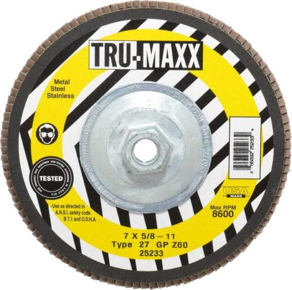 Tru-Maxx - 60 Grit, 7" Disc Diam, 5/8-11 Center Hole, Type 27 Zirconia Alumina Flap Disc - 8,600 Max RPM, Arbor Attaching System, Coated - USA Tool & Supply