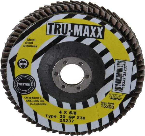 Tru-Maxx - 36 Grit, 4" Disc Diam, 5/8" Center Hole, Type 29 Zirconia Alumina Flap Disc - 15,300 Max RPM, Arbor Attaching System, Coated - USA Tool & Supply
