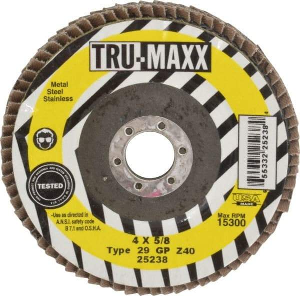 Tru-Maxx - 40 Grit, 4" Disc Diam, 5/8" Center Hole, Type 29 Zirconia Alumina Flap Disc - 15,300 Max RPM, Arbor Attaching System, Coated - USA Tool & Supply