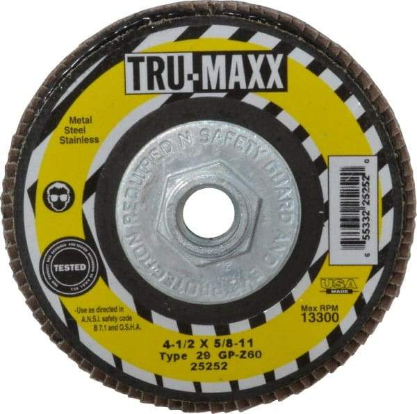 Tru-Maxx - 60 Grit, 4-1/2" Disc Diam, 5/8-11 Center Hole, Type 29 Zirconia Alumina Flap Disc - 13,300 Max RPM, Arbor Attaching System, Coated - USA Tool & Supply