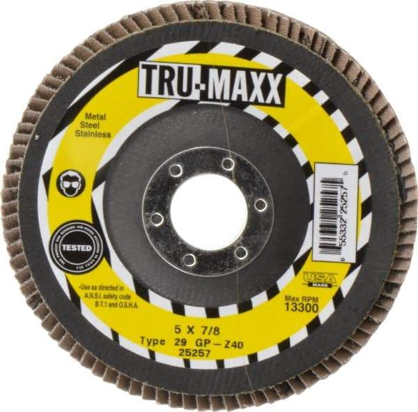 Tru-Maxx - 40 Grit, 5" Disc Diam, 7/8" Center Hole, Type 29 Zirconia Alumina Flap Disc - 12,200 Max RPM, Arbor Attaching System, Coated - USA Tool & Supply