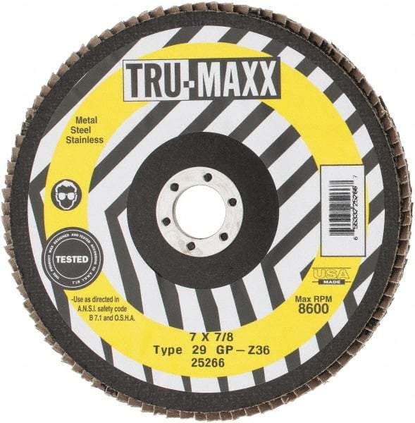 Tru-Maxx - 36 Grit, 7" Disc Diam, 7/8" Center Hole, Type 29 Zirconia Alumina Flap Disc - 8,600 Max RPM, Arbor Attaching System, Coated - USA Tool & Supply