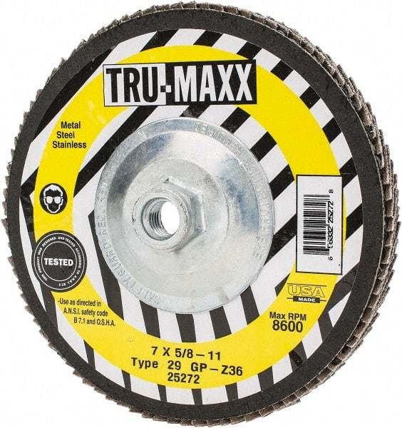 Tru-Maxx - 36 Grit, 7" Disc Diam, 5/8-11 Center Hole, Type 29 Zirconia Alumina Flap Disc - 8,600 Max RPM, Arbor Attaching System, Coated - USA Tool & Supply