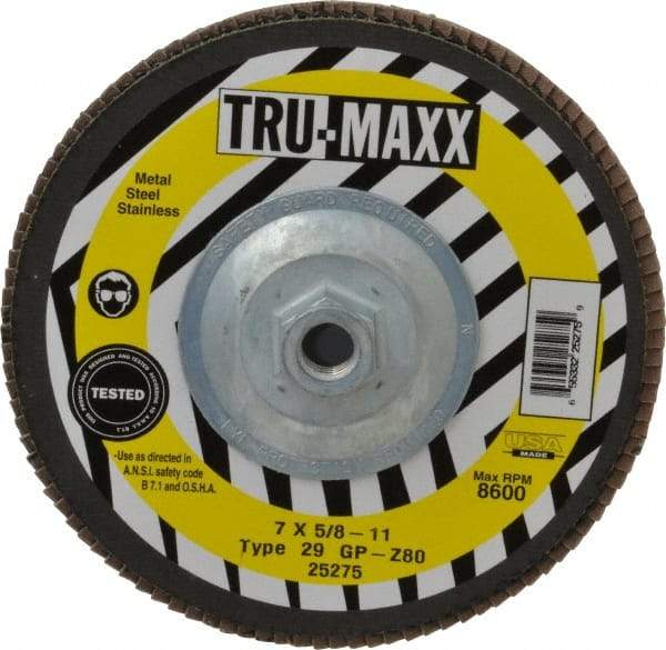 Tru-Maxx - 80 Grit, 7" Disc Diam, 5/8-11 Center Hole, Type 29 Zirconia Alumina Flap Disc - 8,600 Max RPM, Arbor Attaching System, Coated - USA Tool & Supply