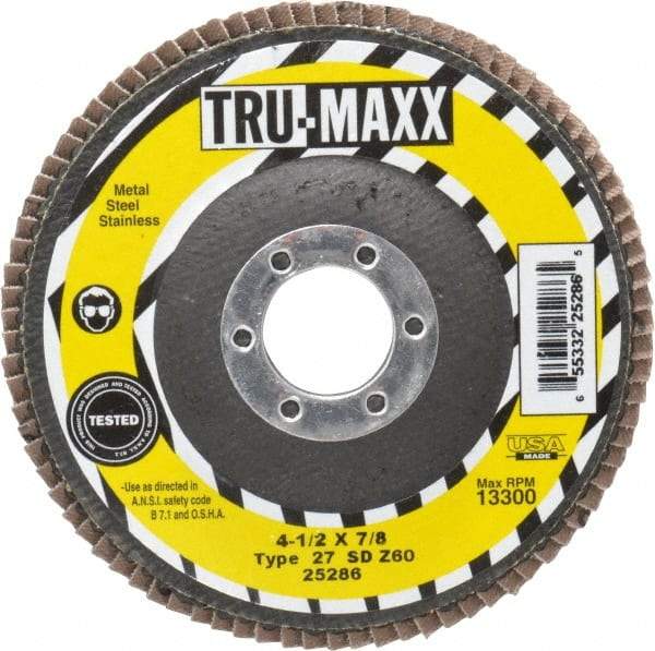 Tru-Maxx - 60 Grit, 4-1/2" Disc Diam, 7/8" Center Hole, Type 27 Zirconia Alumina Flap Disc - 13,300 Max RPM, Arbor Attaching System, Coated - USA Tool & Supply