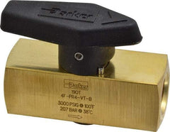 Parker - 1/4" Pipe, 3,000 psi WOG Rating, Brass, Inline, One Way Instrumentation Plug Valve - Wedge Handle, FNPT x FNPT End Connections, Viton Seal - USA Tool & Supply