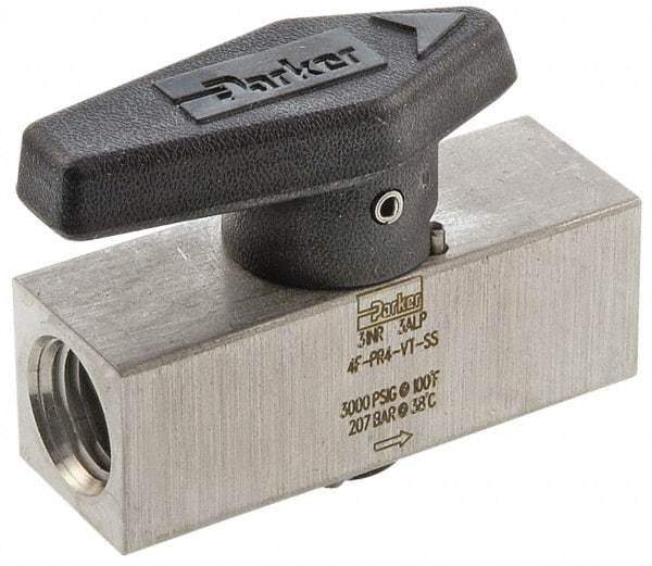 Parker - 1/2" Pipe, 3,000 psi WOG Rating, 316 Stainless Steel, Inline, One Way Instrumentation Plug Valve - Wedge Handle, FNPT x FNPT End Connections, Viton Seal - USA Tool & Supply
