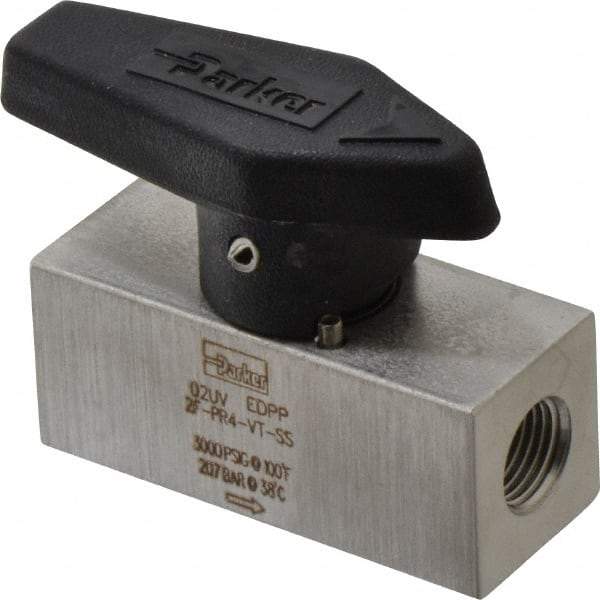 Parker - 1/8" Pipe, 3,000 psi WOG Rating, 316 Stainless Steel, Inline, One Way Instrumentation Plug Valve - Wedge Handle, FNPT x FNPT End Connections, Viton Seal - USA Tool & Supply