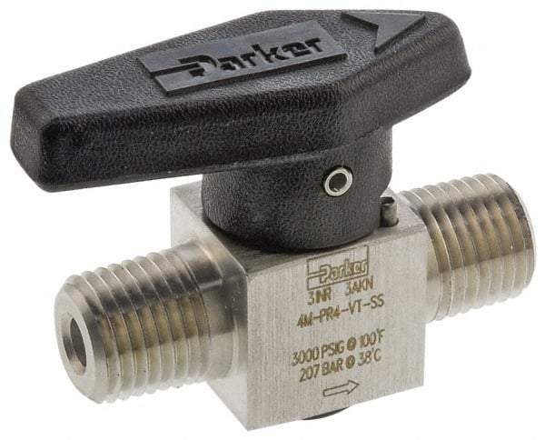 Parker - 1/8" Pipe, 3,000 psi WOG Rating, 316 Stainless Steel, Inline, One Way Instrumentation Plug Valve - Wedge Handle, MNPT x MNPT End Connections, Viton Seal - USA Tool & Supply