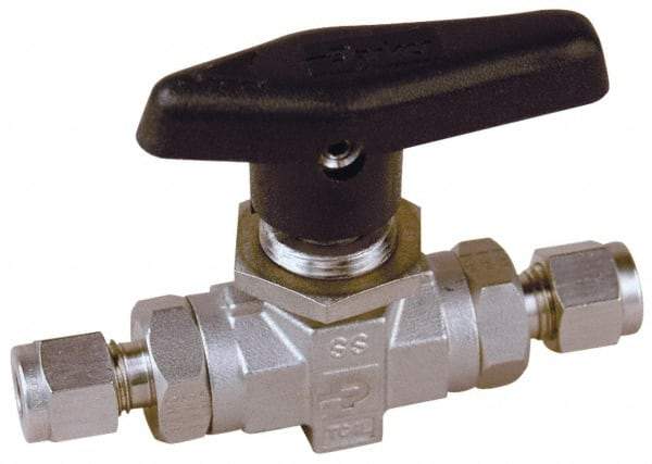 Parker - 1/2" Pipe, Stainless Steel, Inline, Two Way Flow, Instrumentation Ball Valve - 6,000 psi WOG Rating, Wedge Handle, PTFE Seal, PTFE Seat - USA Tool & Supply