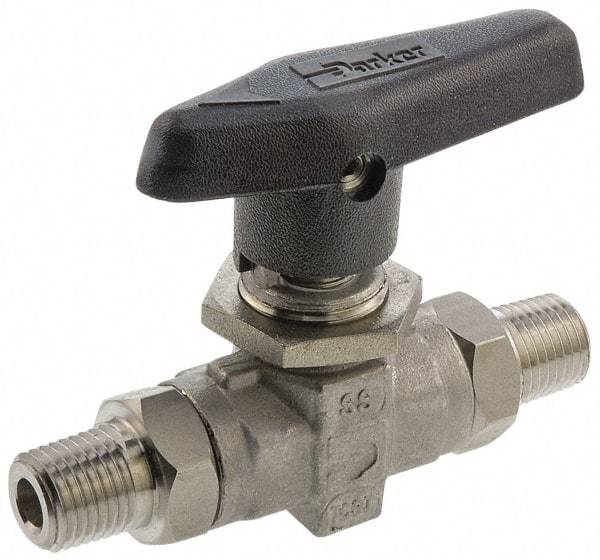 Parker - 1/8" Pipe, MNPT x MNPT End Connections, Stainless Steel, Inline, Two Way Flow, Instrumentation Ball Valve - 6,000 psi WOG Rating, Wedge Handle, PTFE Seal, PTFE Seat - USA Tool & Supply