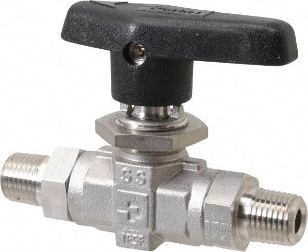 Parker - 1/4" Pipe, MNPT x MNPT End Connections, Stainless Steel, Inline, Two Way Flow, Instrumentation Ball Valve - 6,000 psi WOG Rating, Wedge Handle, PTFE Seal, PTFE Seat - USA Tool & Supply