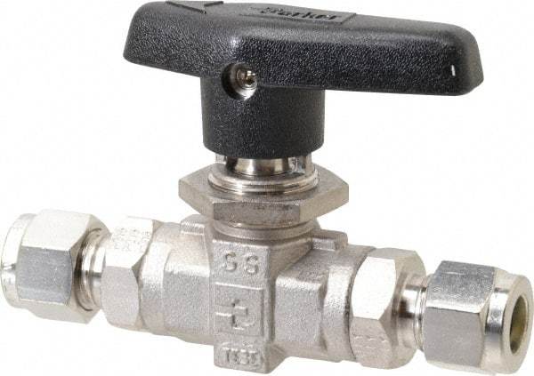 Parker - 3/8" Pipe, Stainless Steel, Inline, Two Way Flow, Instrumentation Ball Valve - 6,000 psi WOG Rating, Wedge Handle, PTFE Seal, PTFE Seat - USA Tool & Supply