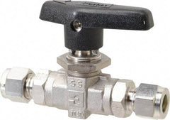 Parker - 3/8" Pipe, Stainless Steel, Inline, Two Way Flow, Instrumentation Ball Valve - 6,000 psi WOG Rating, Wedge Handle, PTFE Seal, PTFE Seat - USA Tool & Supply