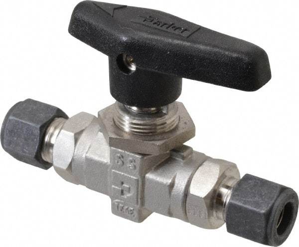 Parker - 3/8" Pipe, Compression x Compression CPI End Connections, Stainless Steel, Inline, Two Way Flow, Instrumentation Ball Valve - 6,000 psi WOG Rating, Wedge Handle, PTFE Seal, PTFE Seat - USA Tool & Supply