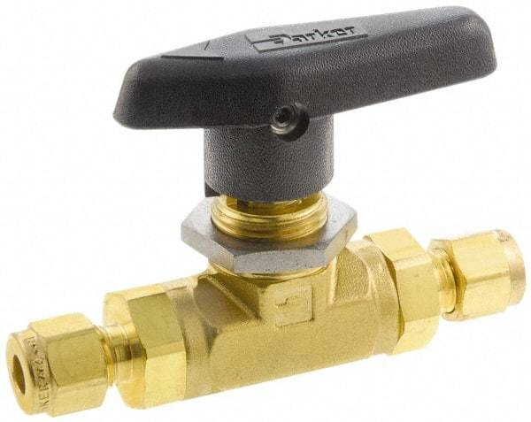 Parker - 3/8" Pipe, Brass, Inline, Two Way Flow, Instrumentation Ball Valve - 3,000 psi WOG Rating, Wedge Handle, PTFE Seal, PTFE Seat - USA Tool & Supply