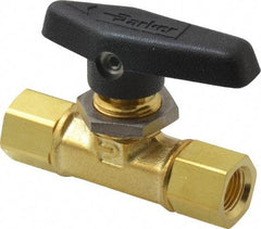 Parker - 1/8" Pipe, FNPT x FNPT End Connections, Brass, Inline, Two Way Flow, Instrumentation Ball Valve - 3,000 psi WOG Rating, Wedge Handle, PTFE Seal, PTFE Seat - USA Tool & Supply