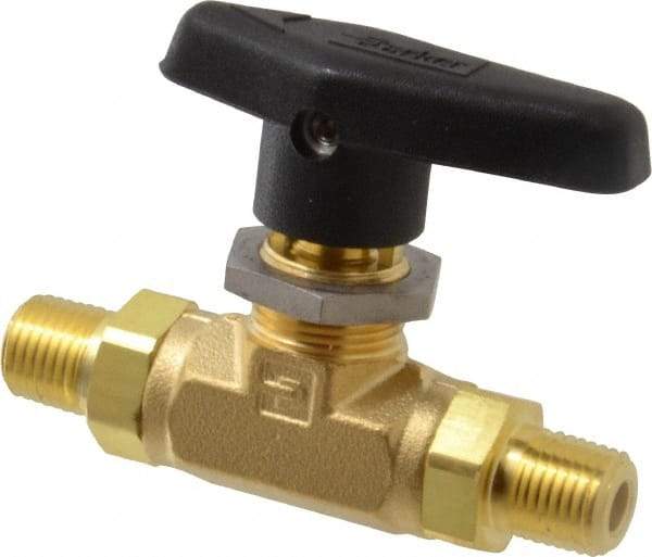 Parker - 1/4" Pipe, MNPT x MNPT End Connections, Brass, Inline, Two Way Flow, Instrumentation Ball Valve - 3,000 psi WOG Rating, Wedge Handle, PTFE Seal, PTFE Seat - USA Tool & Supply