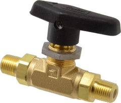 Parker - 1/4" Pipe, MNPT x MNPT End Connections, Brass, Inline, Two Way Flow, Instrumentation Ball Valve - 3,000 psi WOG Rating, Wedge Handle, PTFE Seal, PTFE Seat - USA Tool & Supply