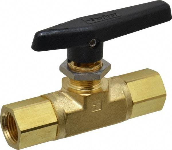 Parker - 1/2" Pipe, FNPT x FNPT End Connections, Brass, Inline, Two Way Flow, Instrumentation Ball Valve - 3,000 psi WOG Rating, Wedge Handle, PTFE Seal, PTFE Seat - USA Tool & Supply