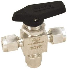 Parker - 1/8" Pipe, Stainless Steel, Three Way, Instrumentation Ball Valve - 2,500 psi WOG Rating, Wedge Handle, PFA Seat - USA Tool & Supply