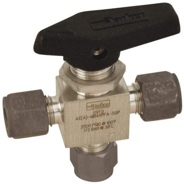 Parker - 3/8" Pipe, Compression x Compression x Compression CPI End Connections, Stainless Steel, Three Way, Instrumentation Ball Valve - 3,000 psi WOG Rating, Wedge Handle, PFA Seat - USA Tool & Supply