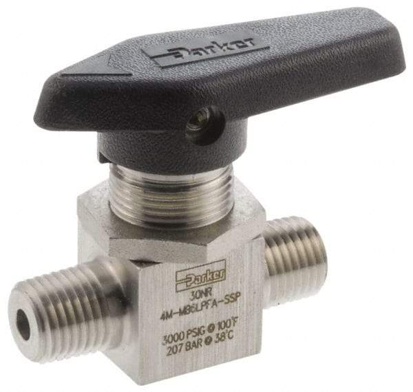 Parker - 1/4" Pipe, MNPT x MNPT End Connections, Stainless Steel, Inline, Two Way Flow, Instrumentation Ball Valve - 3,000 psi WOG Rating, Wedge Handle, PFA Seat - USA Tool & Supply
