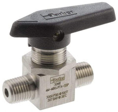 Parker - 1/4" Pipe, MNPT x MNPT End Connections, Stainless Steel, Inline, Two Way Flow, Instrumentation Ball Valve - 3,000 psi WOG Rating, Wedge Handle, PFA Seat - USA Tool & Supply