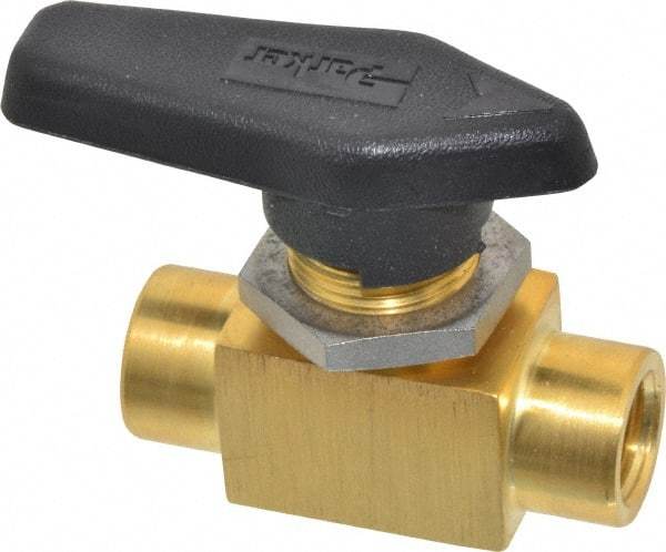Parker - 1/4" Pipe, FNPT x FNPT End Connections, Brass, Inline, Two Way Flow, Instrumentation Ball Valve - 3,000 psi WOG Rating, Wedge Handle, PFA Seat - USA Tool & Supply