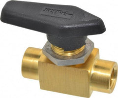 Parker - 1/4" Pipe, FNPT x FNPT End Connections, Brass, Inline, Two Way Flow, Instrumentation Ball Valve - 3,000 psi WOG Rating, Wedge Handle, PFA Seat - USA Tool & Supply