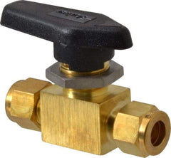 Parker - 3/8" Pipe, Brass, Inline, Two Way Flow, Instrumentation Ball Valve - 3,000 psi WOG Rating, Wedge Handle, PFA Seat - USA Tool & Supply