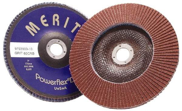 Merit Abrasives - 40 Grit, 7" Disc Diam, 7/8" Center Hole, Type 29 Ceramic Flap Disc - 8,600 Max RPM, Coated - USA Tool & Supply