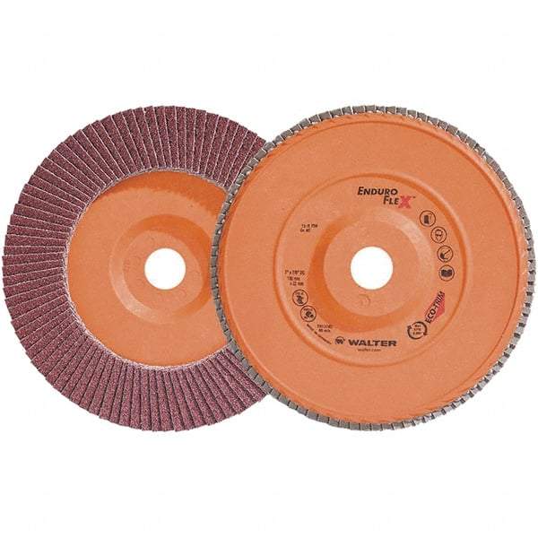 WALTER Surface Technologies - 40 Grit, 7" Disc Diam, 7/8" Center Hole, Zirconia Alumina Flap Disc - 8,600 Max RPM, Plastic Backing, Arbor Attaching System, Coated - USA Tool & Supply