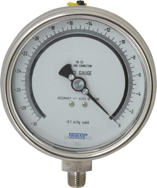 Wika - 4" Dial, 1/4 Thread, 30-0 Scale Range, Pressure Gauge - Lower Connection Mount, Accurate to 0.25% of Scale - USA Tool & Supply