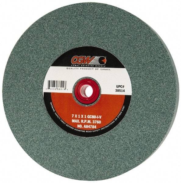 Camel Grinding Wheels - 80 Grit Silicon Carbide Bench & Pedestal Grinding Wheel - 7" Diam x 1" Hole x 1" Thick, 3760 Max RPM, I Hardness, Medium Grade , Vitrified Bond - USA Tool & Supply
