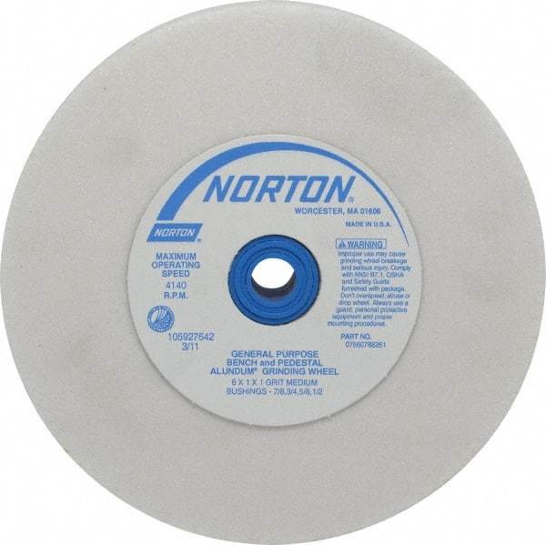 Norton - 60 Grit Aluminum Oxide Bench & Pedestal Grinding Wheel - 6" Diam x 1" Hole x 1" Thick, 4140 Max RPM, J Hardness, Medium Grade , Vitrified Bond - USA Tool & Supply