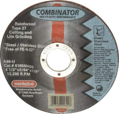Metabo - 4-1/2" Zirconia Alumina Cutoff Wheel - 5/64" Thick, 7/8" Arbor, Use with Angle Grinders - USA Tool & Supply