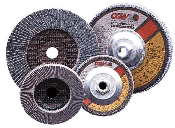 Camel Grinding Wheels - 40 Grit, 7" Disc Diam, 5/8-11 Center Hole, Type 29 Zirconia Alumina Flap Disc - 8,600 Max RPM, Poly Cotton Backing, Arbor Attaching System, Coated - USA Tool & Supply