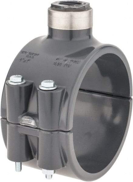 Value Collection - 4 x 1/2" PVC Plastic Pipe Clamp On Saddle with Viton O-Ring - Schedule 80, Pipe O.D. x SR Fipt End Connections - USA Tool & Supply